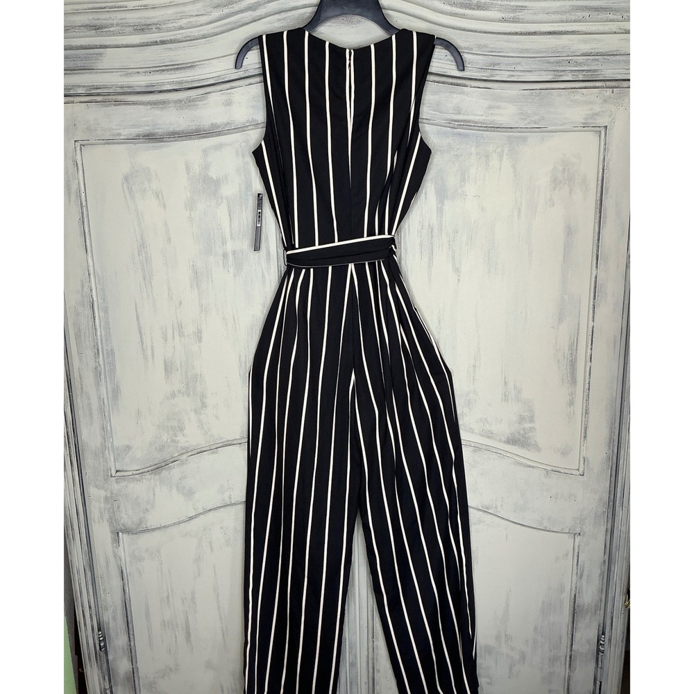 Tahari Jumpsuit Women 6 Black Sand Striped V-Neck Sleeveless Tie-Waist New - Picture 6 of 7